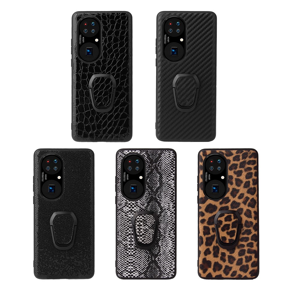 PU Leather Coated TPU Ring-Shape Kickstand Phone Cover Shell for Huawei P50 Pro - Carbon Fiber Texture-11