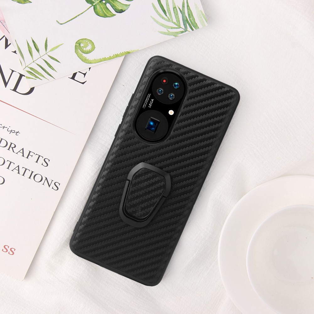 PU Leather Coated TPU Ring-Shape Kickstand Phone Cover Shell for Huawei P50 Pro - Carbon Fiber Texture-2