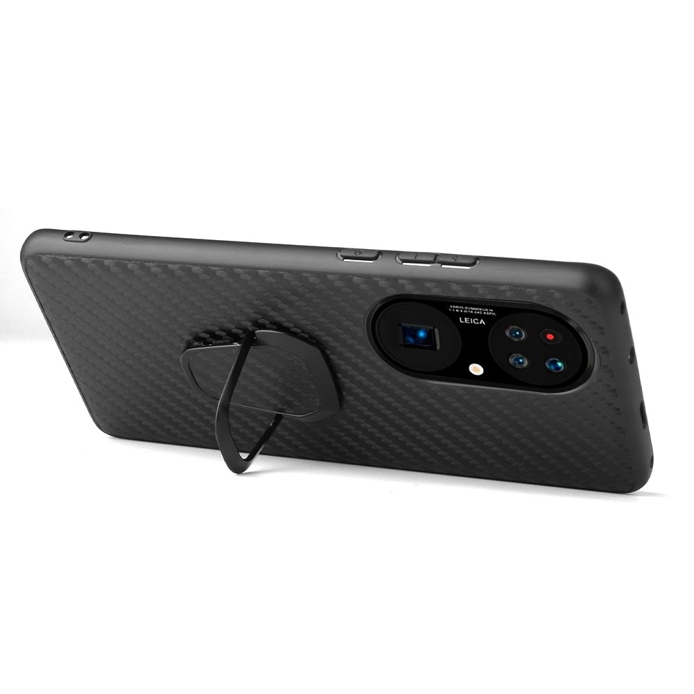 PU Leather Coated TPU Ring-Shape Kickstand Phone Cover Shell for Huawei P50 Pro - Carbon Fiber Texture-5