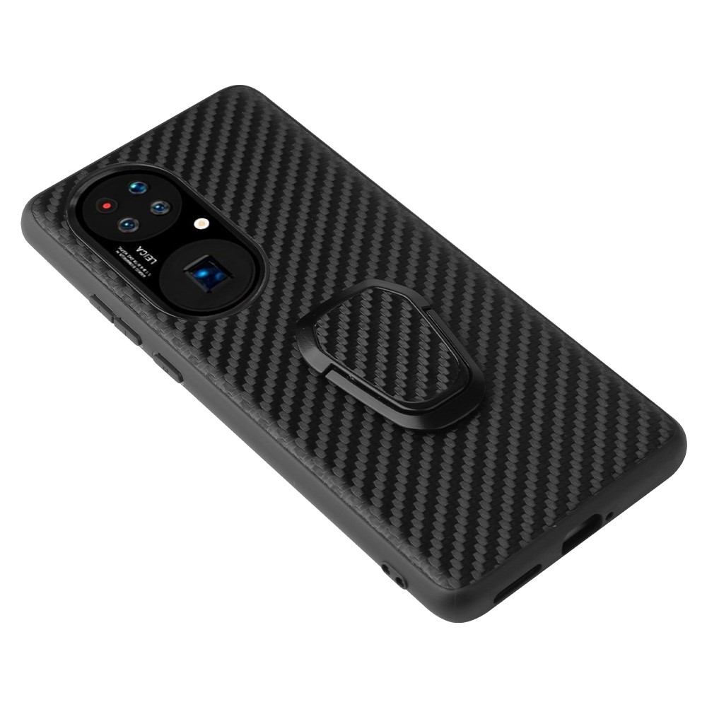 PU Leather Coated TPU Ring-Shape Kickstand Phone Cover Shell for Huawei P50 Pro - Carbon Fiber Texture-6