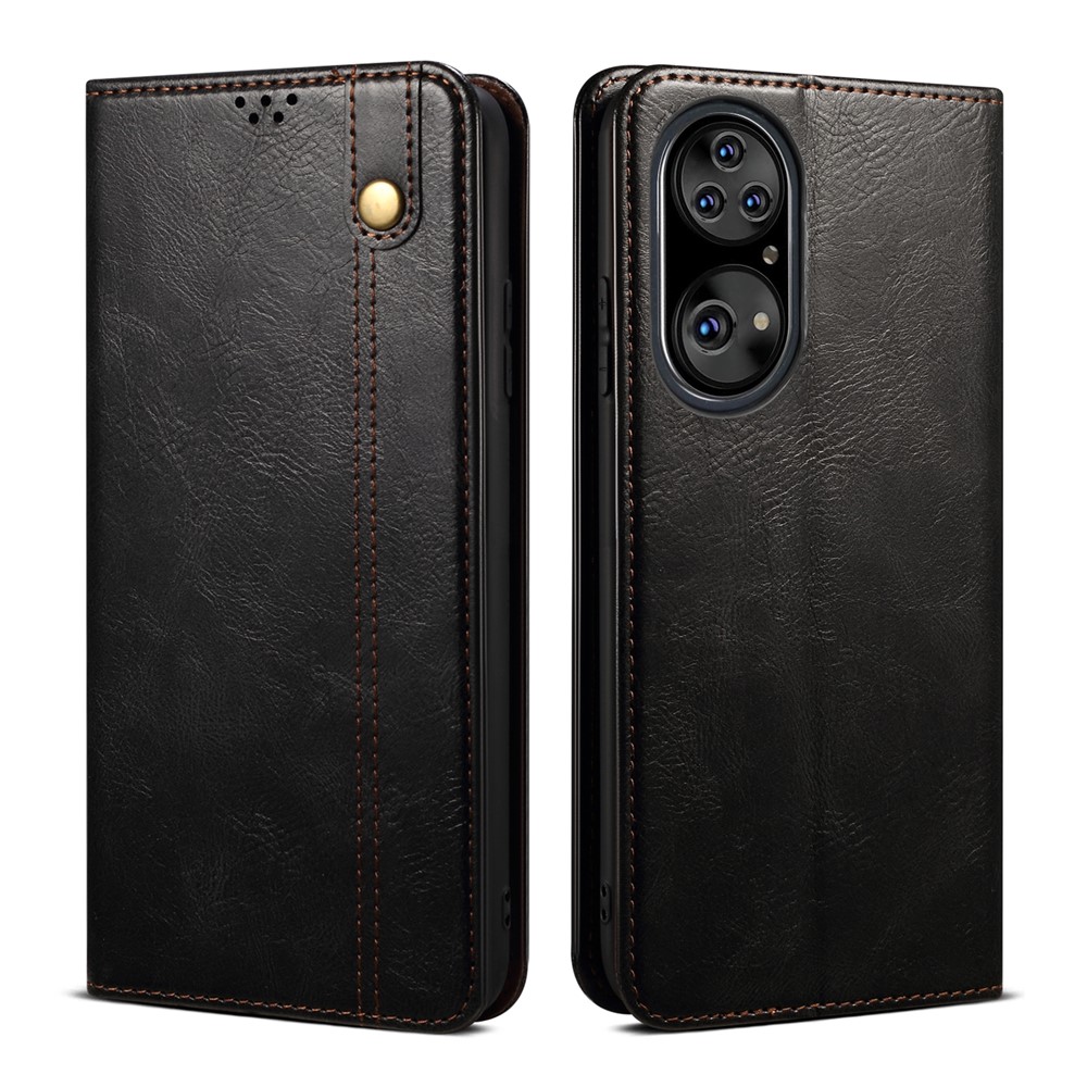 Waxy Crazy Horse Texture Leather Full Protection Wallet Stand Phone Case for Huawei P50 Pro - Black-1
