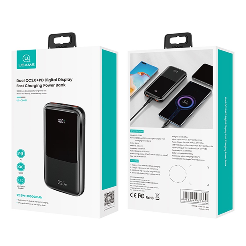USAMS US-CD161 PB58 QC3.0+PD 22.5W Dual USB Port Fast Charging Power Bank 10000mAh Digital Display External Battery Charger-7