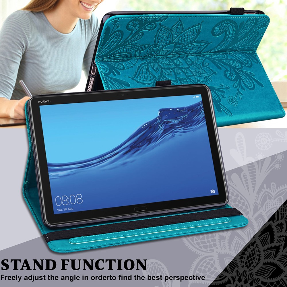 Imprint Flower Pattern Premium PU Leather Lightweight Cute Folio Wallet Stand Cover Case for Huawei MediaPad M5 lite 10 - Blue-3