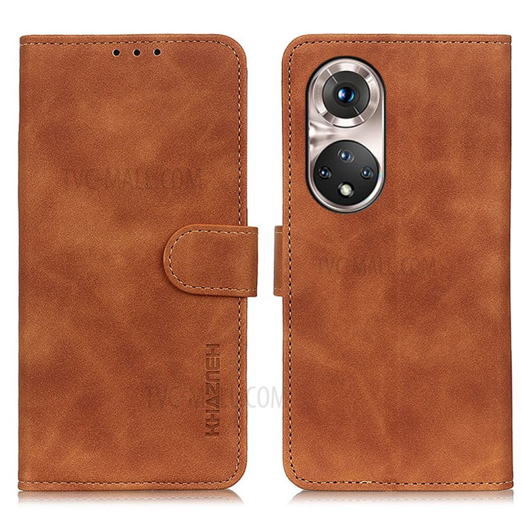 KHAZNEH Wallet Stand Design Retro Style Leather Protective Cover for Honor 50 Pro - Brown-1