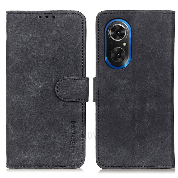 KHAZNEH Vintage Texture PU Leather Wallet Stand Design Cell Phone Cover Shell for Honor 50 SE - Black-1