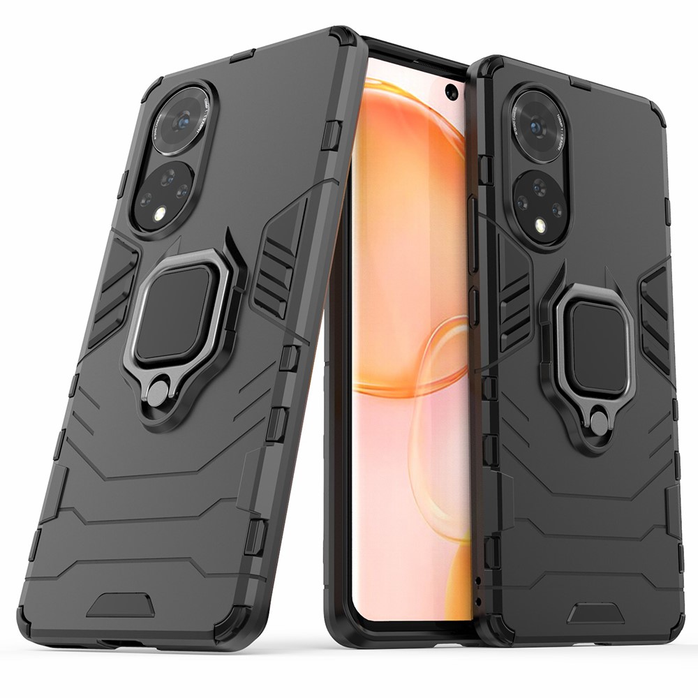 Hard PC + Soft TPU Hybrid Phone Case Cover with Ring Holder Kickstand for Honor 50 - Black-1