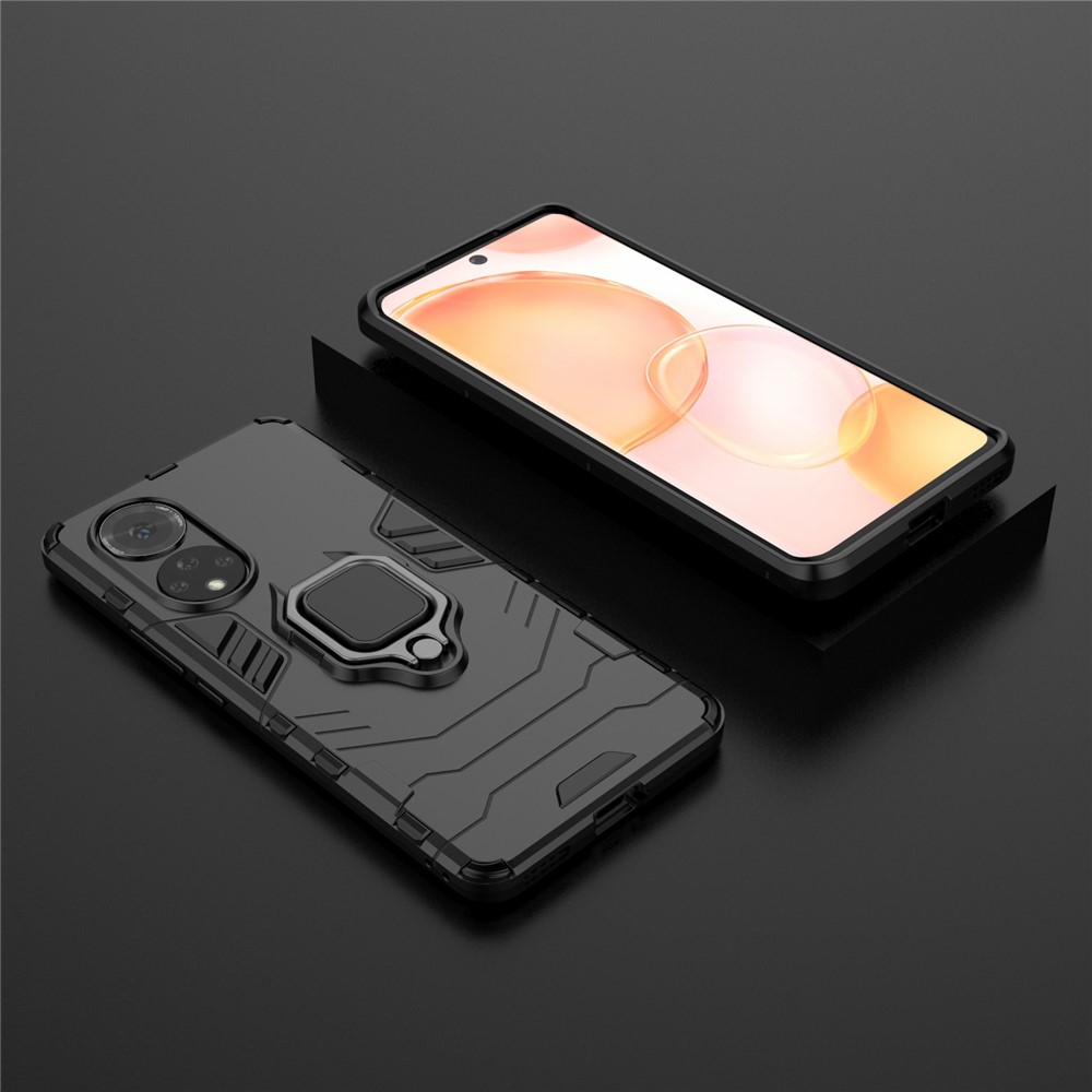 Hard PC + Soft TPU Hybrid Phone Case Cover with Ring Holder Kickstand for Honor 50 - Black-10