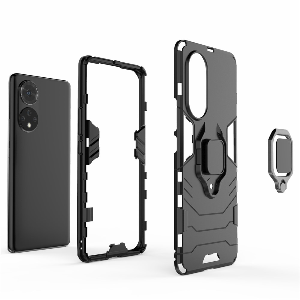 Hard PC + Soft TPU Hybrid Phone Case Cover with Ring Holder Kickstand for Honor 50 - Black-7