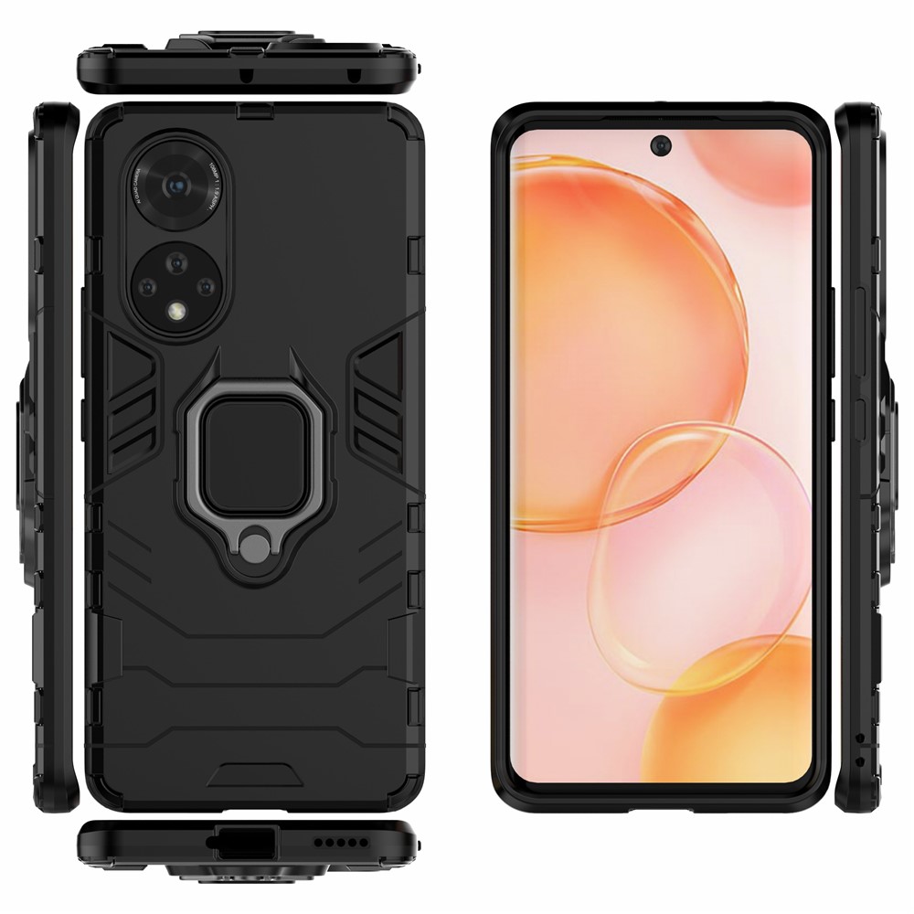 Hard PC + Soft TPU Hybrid Phone Case Cover with Ring Holder Kickstand for Honor 50 - Black-8