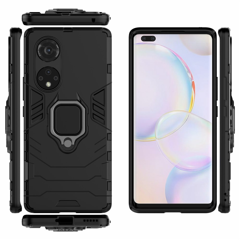 Ring Holder Kickstand Shockproof PC + TPU Hybrid Phone Case Protector for Honor 50 Pro - Black-8