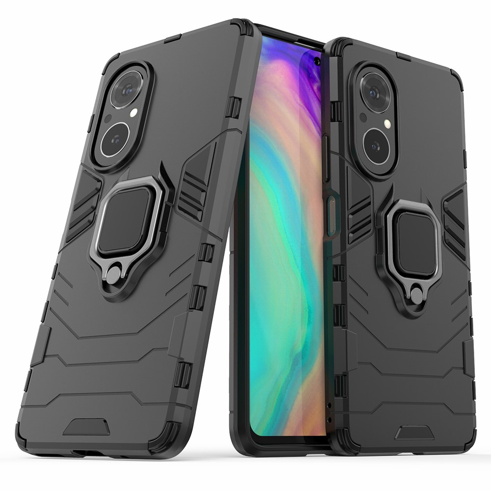 PC + TPU Ring Holder Kickstand Design Shell Cell Phone Hybrid Case Cover for Honor 50 SE - Black-1