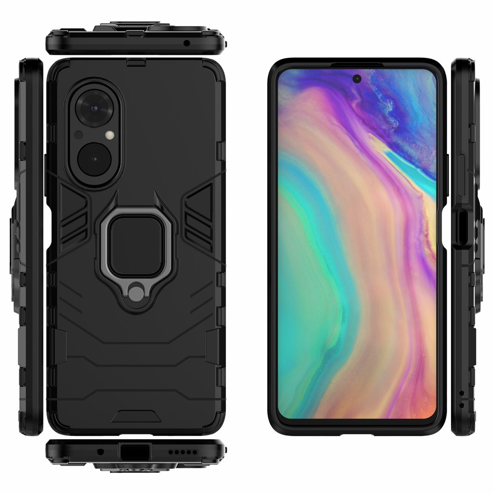 PC + TPU Ring Holder Kickstand Design Shell Cell Phone Hybrid Case Cover for Honor 50 SE - Black-9