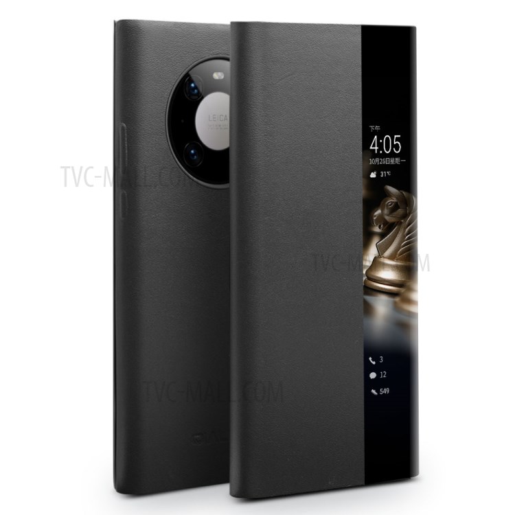 QIALINO Slim Genuine Leather View Window Folio Flip Protective Cover with Auto wake & sleep Function for Huawei Mate 40 - Black-1