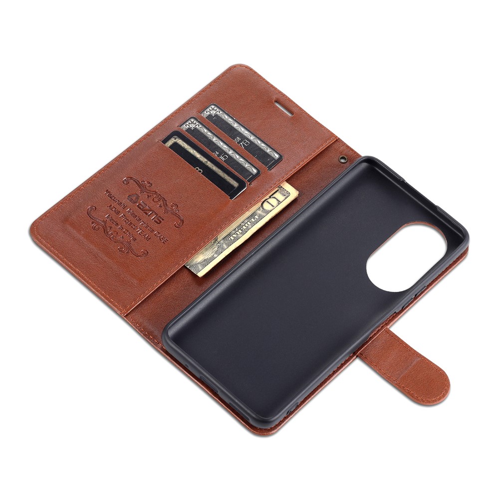 AZNS Leather Wallet Design Full Coverage Protective Stand Shell for Honor 50 SE - Brown-9