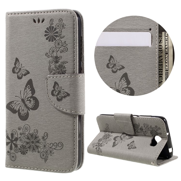 Imprint Butterfly Flower Leather Wallet Cover for Huawei Y5 II - Grey-1
