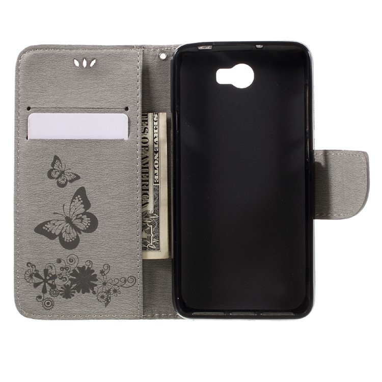 Imprint Butterfly Flower Leather Wallet Cover for Huawei Y5 II - Grey-6