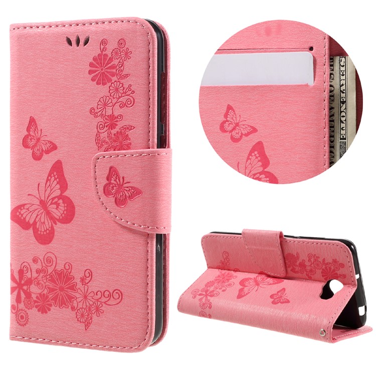 Imprint Butterfly Flower Leather Stand Case for Huawei Y5 II - Pink-1