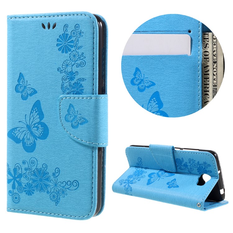 Imprint Butterfly Flower Leather Stand Cover for Huawei Y5 II - Blue-1
