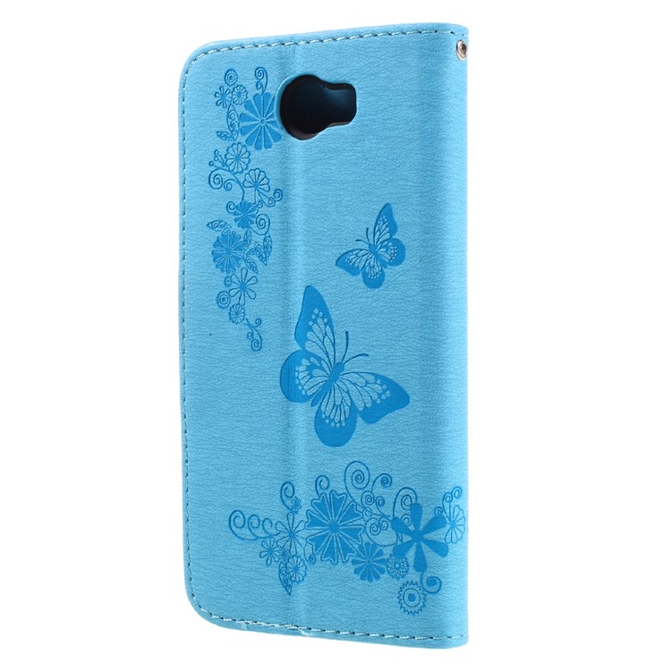 Imprint Butterfly Flower Leather Stand Cover for Huawei Y5 II - Blue-2
