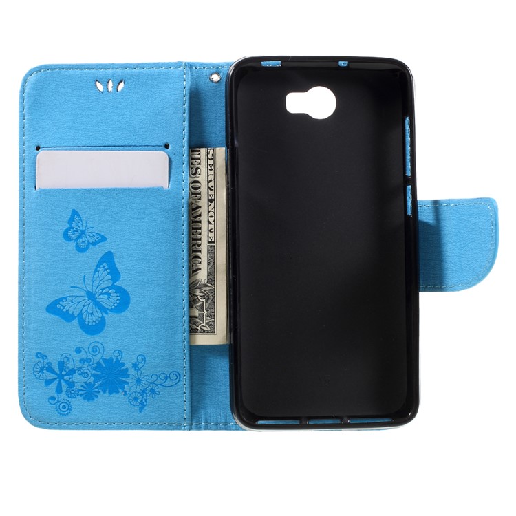 Imprint Butterfly Flower Leather Stand Cover for Huawei Y5 II - Blue-6