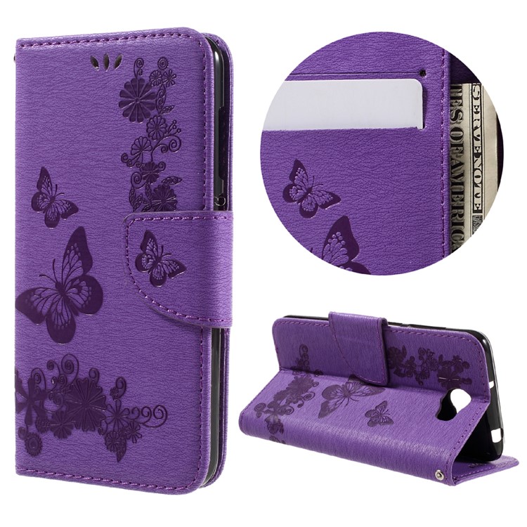 Imprint Butterfly Flower Leather Wallet Flip Case for Huawei Y5 II - Purple-1