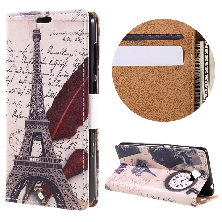 Leather Stand Case with Card Slots for Huawei Y6II Compact - Eiffel Tower and Characters-1