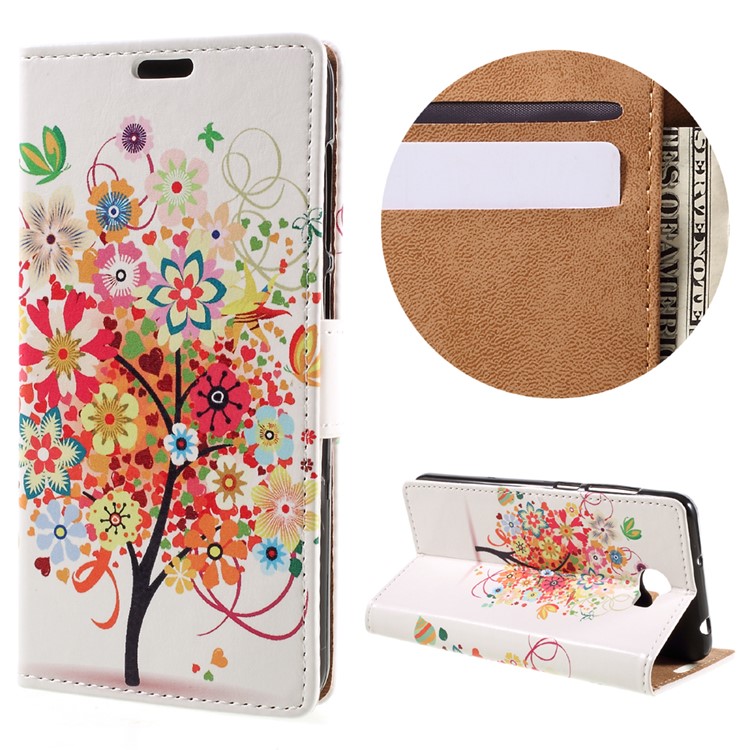Leather Stand Cover with Card Slots for Huawei Y6II Compact - Flowered Tree-1