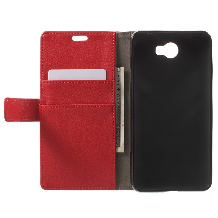 Litchi Texture Wallet Stand Leather Shell for Huawei Y6II Compact - Red-4