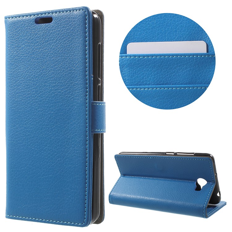 Litchi Texture Card Holder Stand Leather Cover for Huawei Y6II Compact - Blue-1