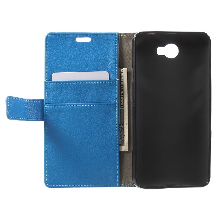 Litchi Texture Card Holder Stand Leather Cover for Huawei Y6II Compact - Blue-4