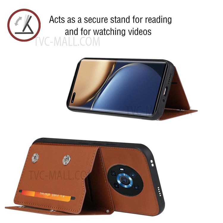 Skin-touch Feel Kickstand Design PU Leather Coated Phone Case Cover with Card Holder for Honor Magic3 - Brown-3