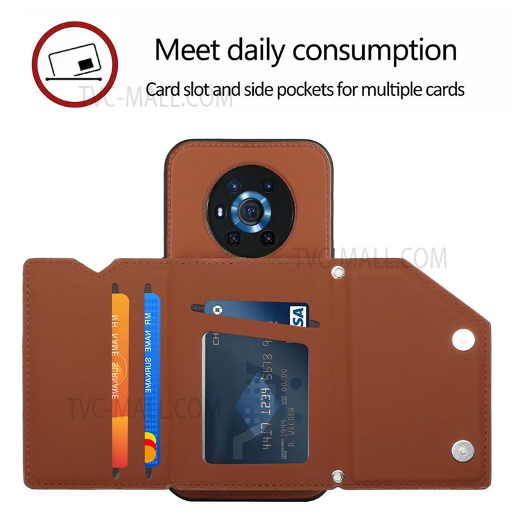 Skin-touch Feel Kickstand Design PU Leather Coated Phone Case Cover with Card Holder for Honor Magic3 - Brown-4