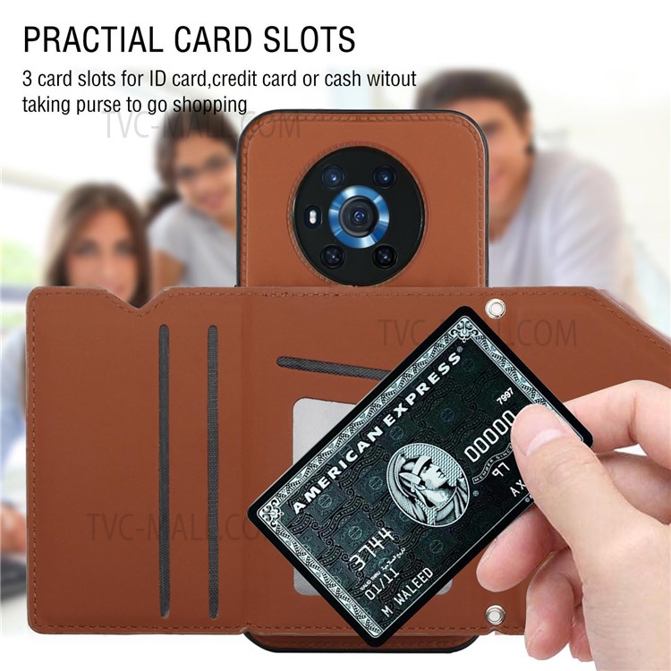 Skin-touch Feel Kickstand Design PU Leather Coated Phone Case Cover with Card Holder for Honor Magic3 - Brown-5
