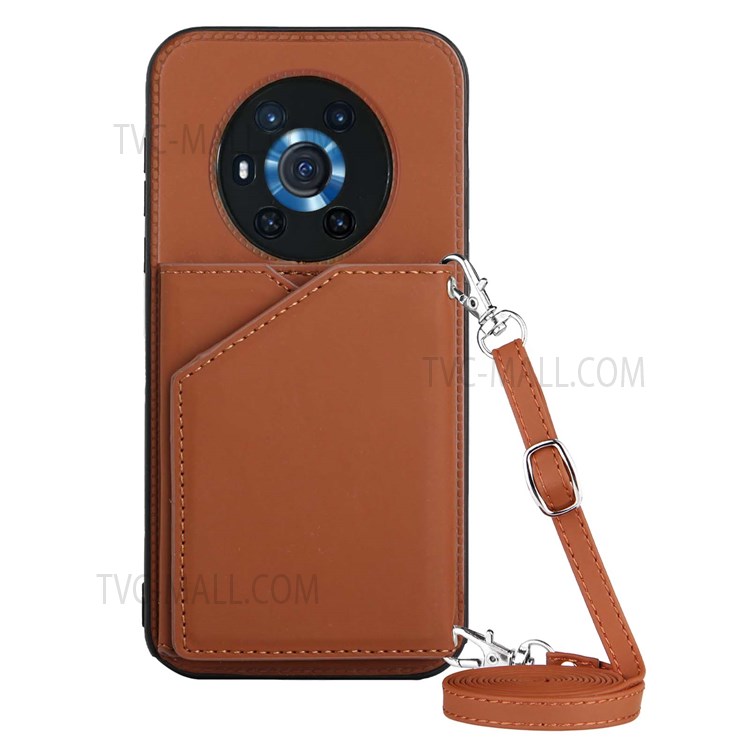 Multiple Card Slots PU Leather + TPU Phone Cover Kickstand Case with Shoulder Strap for Honor Magic3 - Brown-1