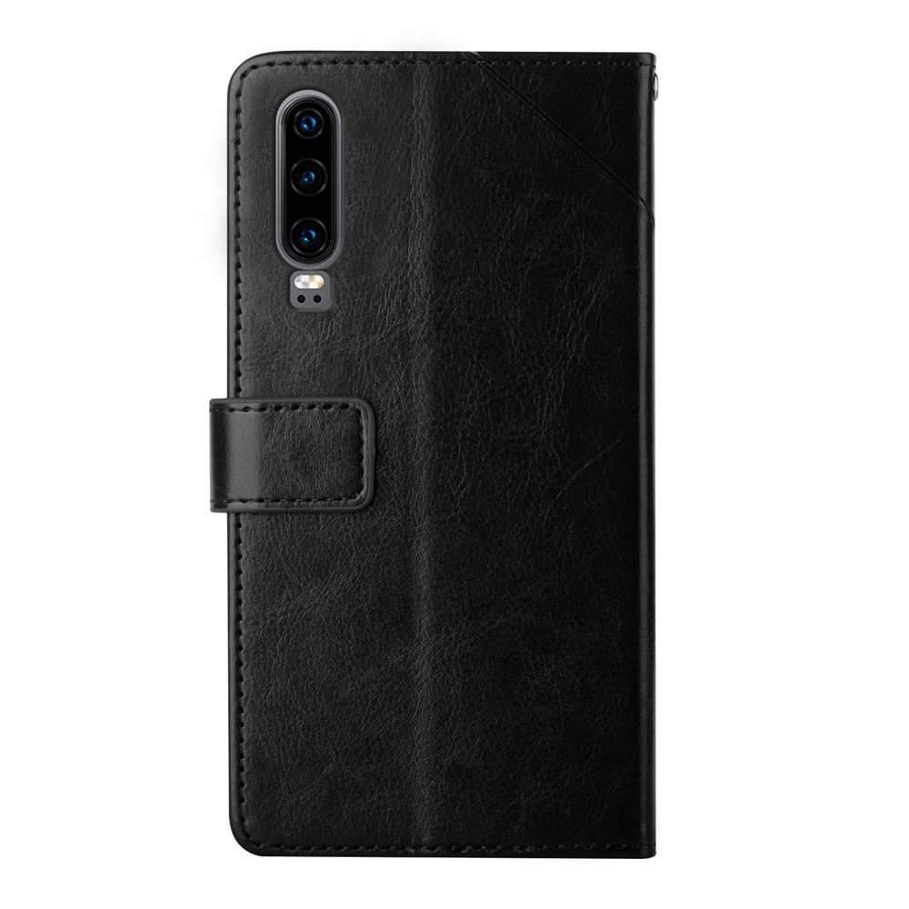 For Huawei P30 Premium PU Leather and TPU Phone Case Stylish Y-shaped Line Imprinting Wallet Shell Stand Cover - Black-10