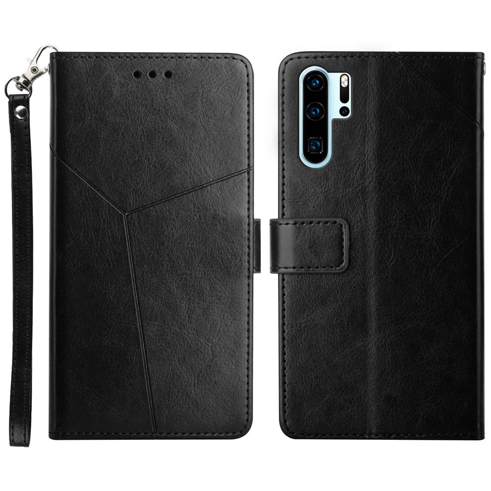 Drop-Resistant Y-Shaped Lines Imprinting Anti-Scratch PU Leather Cover Shell with Wallet Stand Design for Huawei P30 Pro - Black-1