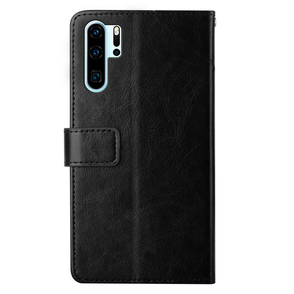 Drop-Resistant Y-Shaped Lines Imprinting Anti-Scratch PU Leather Cover Shell with Wallet Stand Design for Huawei P30 Pro - Black-9