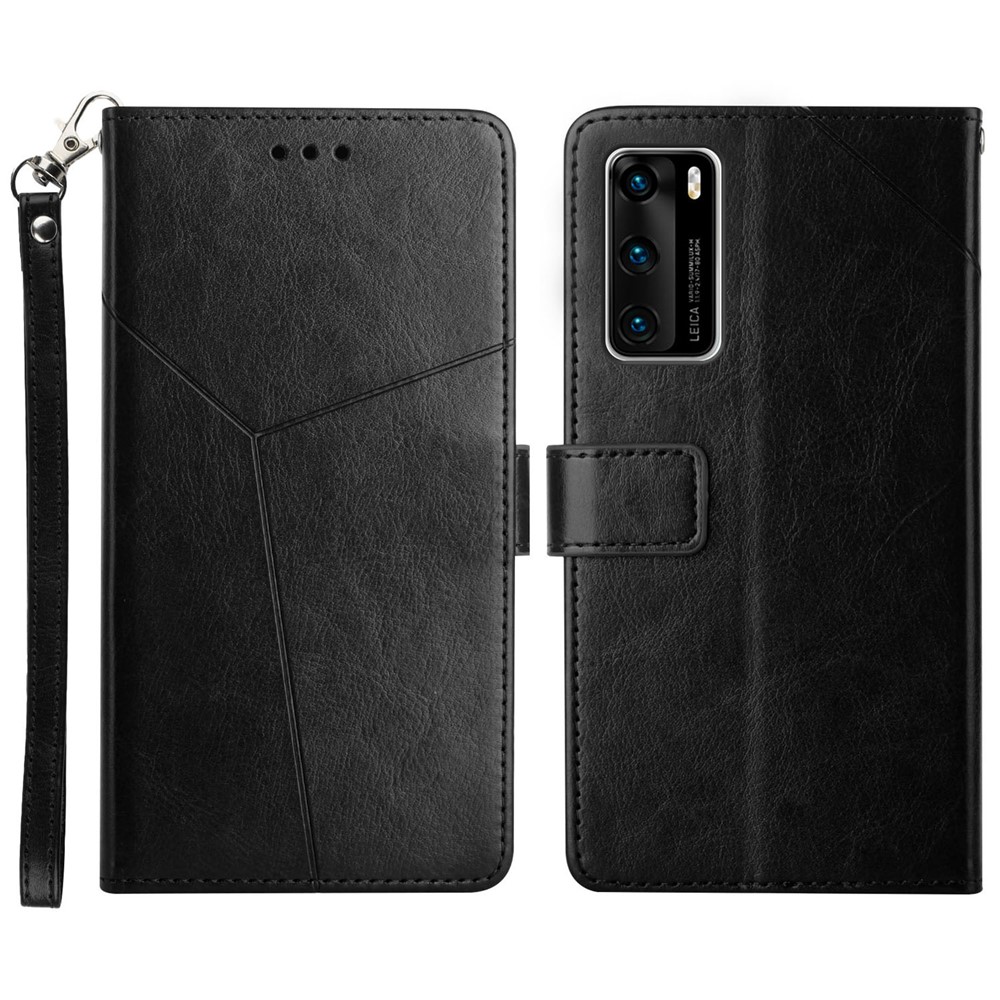 Wallet Stand Design Imprinted Y-shaped Lines PU Leather Cover Shell for Huawei P40 - Black-1