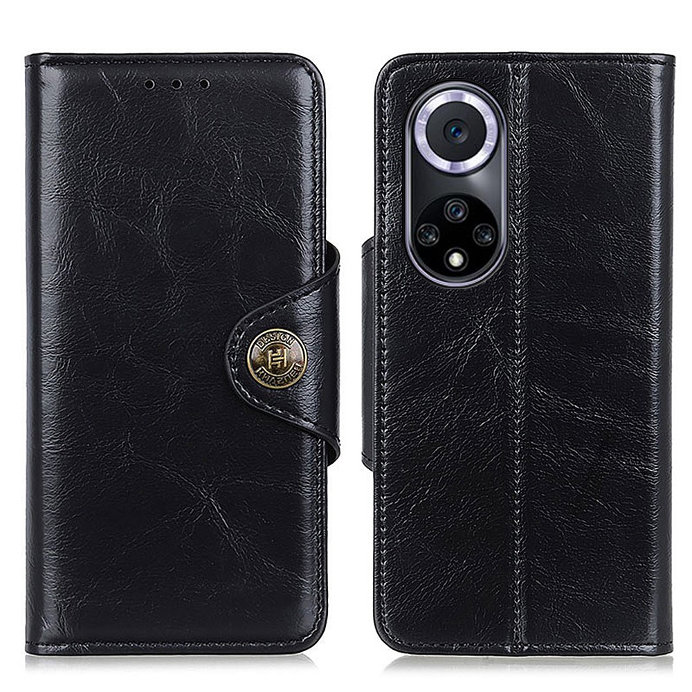 KHAZNEH Shock Resistant Magnetic Clasp Closure PU Leather Phone Cover Shell with Stand Wallet for Honor 50 - Black-1