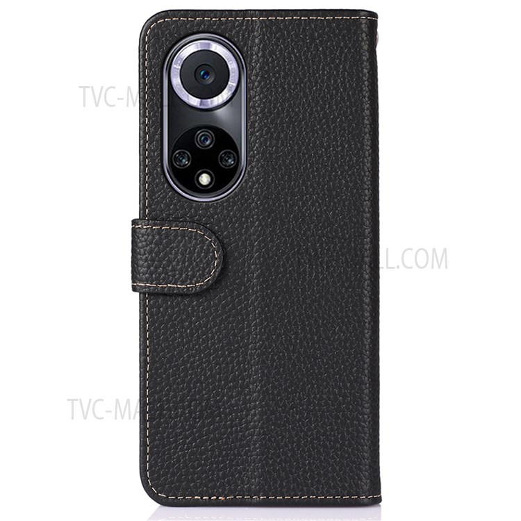 KHAZNEH Top Layer Genuine Leather Litchi Texture Leather Stand Phone Case Protector for Huawei nova 9 - Black-3