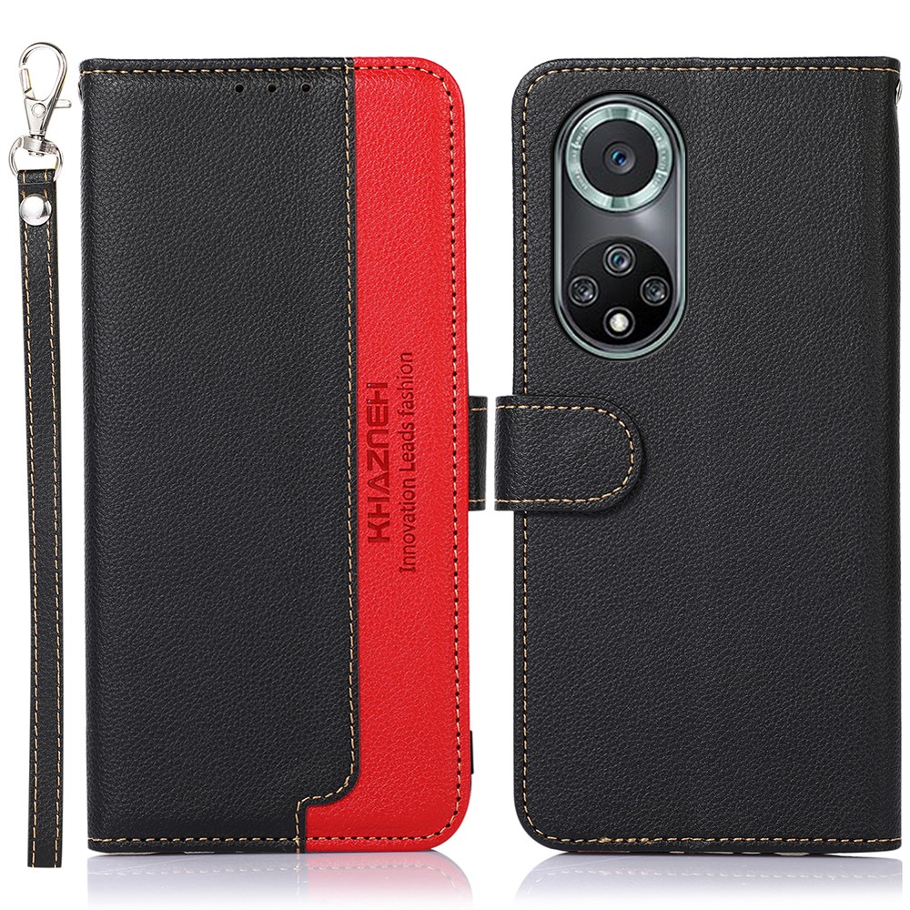 KHAZNEH Anti-theft Swiping Litchi Skin PU Leather RFID Blocking Wallet Stand Protective Phone Case with Strap for Honor 50 Pro - Black-1