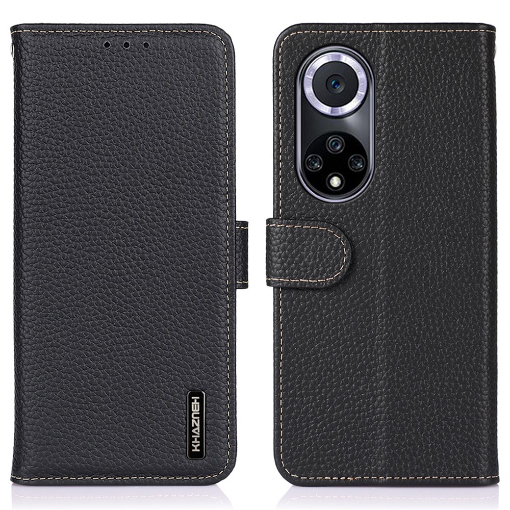 KHAZNEH Stand Litchi Texture Top Layer Flip Genuine Leather Wallet Magnetic Closure Protective Case for Honor 50 - Black-1