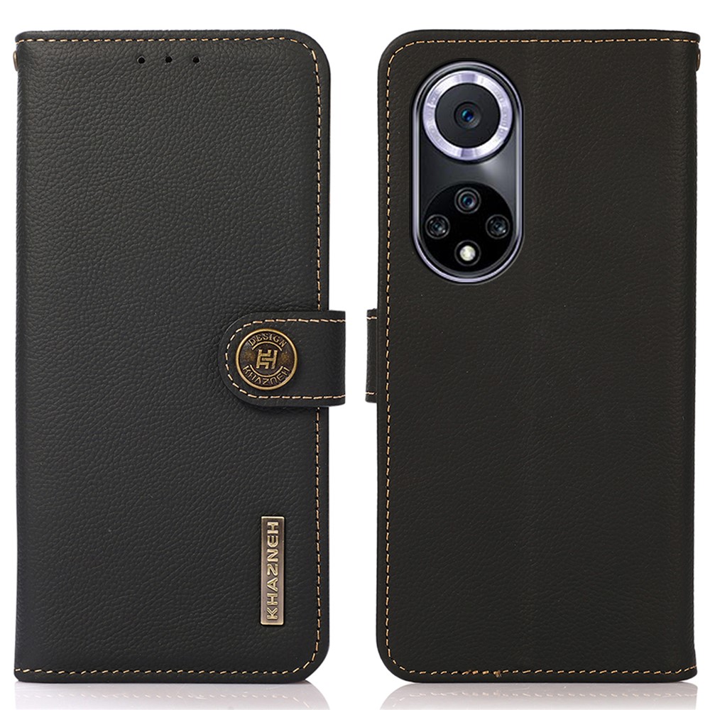 KHAZNEH Genuine Leather Stand RFID Blocking Anti-swiping Top Layer Wallet Magnetic Shockproof Cover for Honor 50 - Black-1