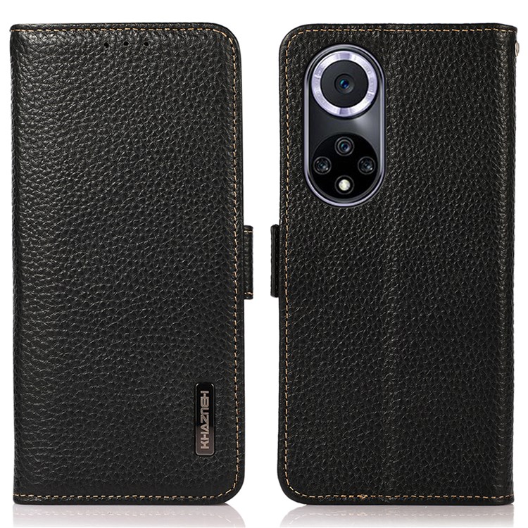 KHAZNEH Stand Feature Litchi Texture Magnetic Double Clasp RFID Blocking Genuine Leather Phone Case Shell for Honor 50 - Black-1