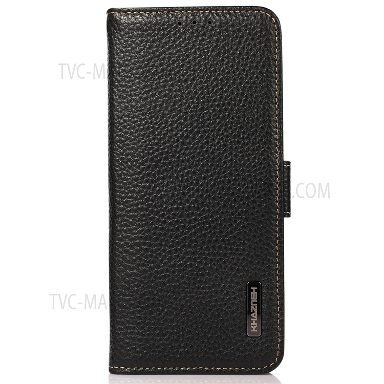 KHAZNEH Stand Feature Litchi Texture Magnetic Double Clasp RFID Blocking Genuine Leather Phone Case Shell for Honor 50 - Black-2