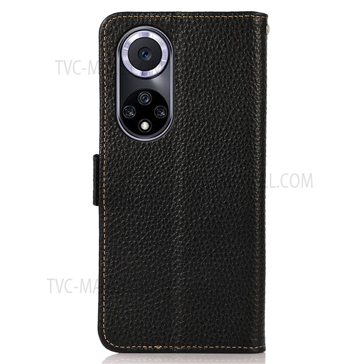KHAZNEH Stand Feature Litchi Texture Magnetic Double Clasp RFID Blocking Genuine Leather Phone Case Shell for Honor 50 - Black-3