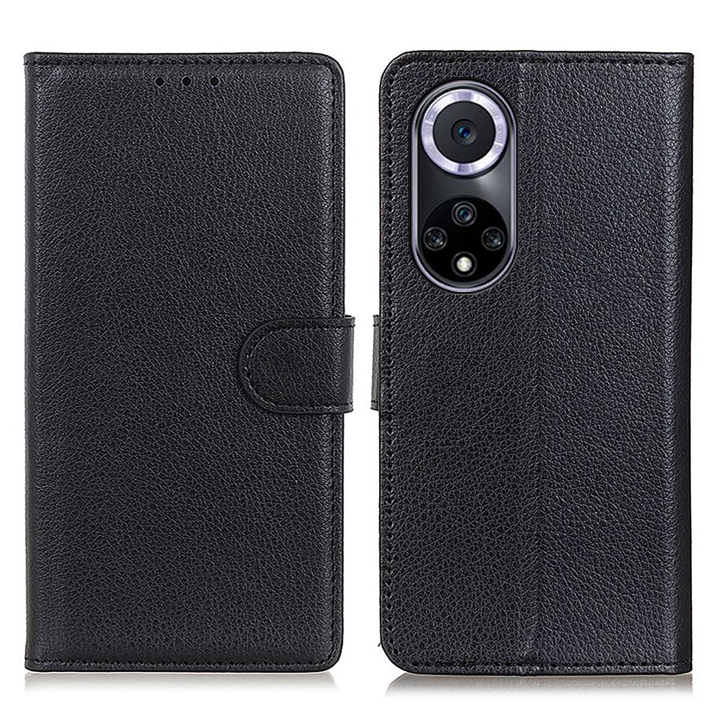 Litchi Texture Scratch Resistant Shock-absorption PU Leather Stand Wallet Phone Case Cover for Honor 50 - Black-1
