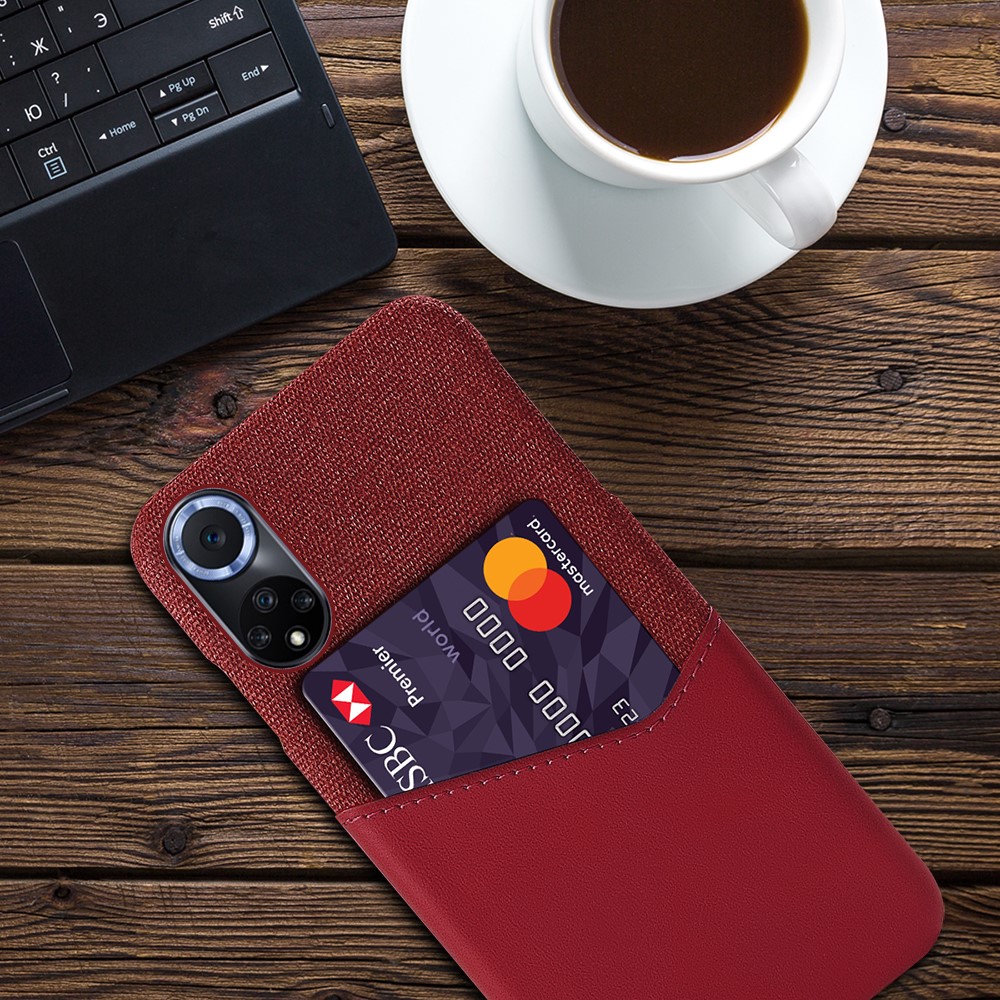 KSQ All-wrapped Back Cloth Texture PU Leather + PC Hybrid Phone Case Cover with Card Holder for Honor 50/Huawei nova 9 - Red-4