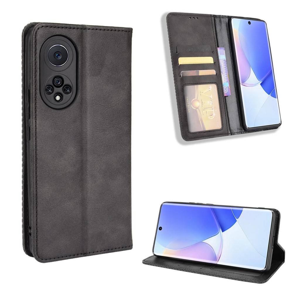 Retro Textured Surface Phone Leder Hülle Stoßdämpfer Brieftaschenstand Deckung Für Huawei Nova 9 - Schwarz