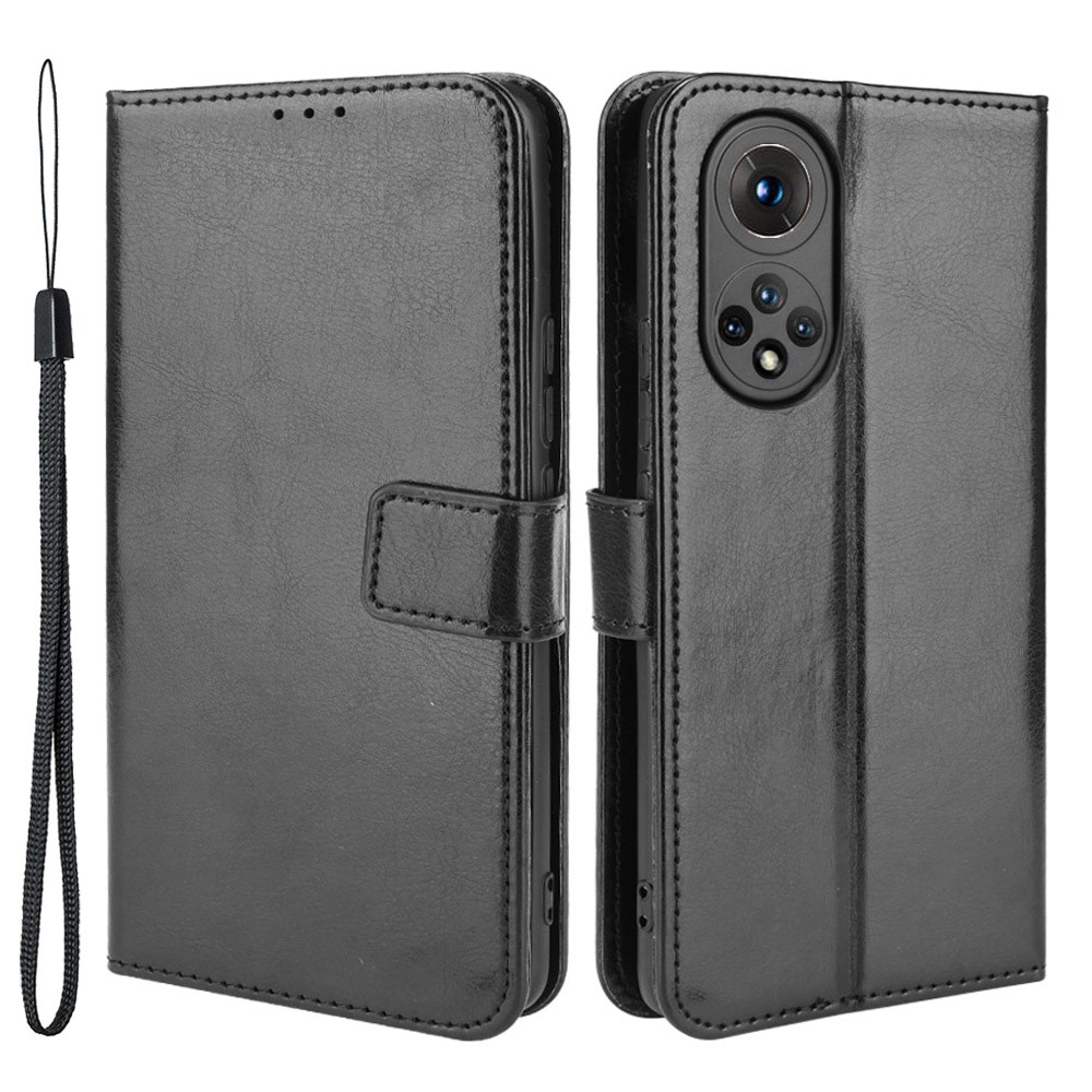 Hands-Free Stand Crazy Horse Texture PU Magnetic Closure Flip Wallet Phone Case with Strap for Honor 50 - Black-1